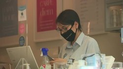 Receptionist taking beauty salon bookings wearing face mask News Clip