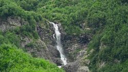 View waterfall scenes in mountains, national park Dombai, Caucasus, Russia Stock Footage