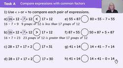 Explain how the distributive law applies to multiplication expressions with a common factor Instructional Video