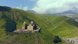 Aerial of Gergeti Trinity Church, Georgia Stock Footage