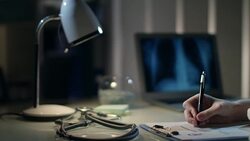 Doctor hand write x-ray images results. Specialist examing roentgen Stock Footage