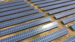 Aerial View: Rows Solar Panel Power Plant Providing Clean Renewable Energy Stock Footage