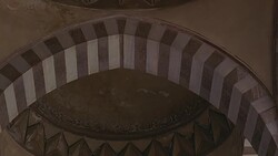 UP ANGLE OF STRIPED POINTED ARCHES AND CEILING. COULD BE SULEYMANIYE MOSQUE. ISLAMIC ARCHITECTURE. Stock Footage