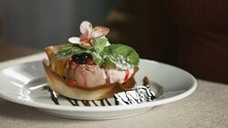Serving ice cream with wafer on table in restaurant Stock Footage
