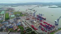 Flying Over Container Terminal Port. Ha Long Bay, Halong City. Stock Footage