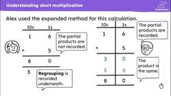 Multiply a 2-digit number by a 1-digit number using short multiplication (regrouping 1s to 10s) Instructional Video