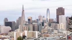 Time-lapse Aerial San Francisco downtown skyscrapers at dusk from ina coolbrith park, California, sunset, USA Stock Footage