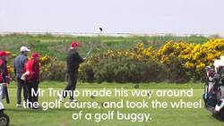 Donald Trump jokes with journalists and locals during his game of golf in Scotland News Clip