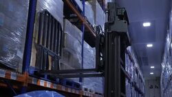 Workers moving pallets at cold storage warehouse News Clip