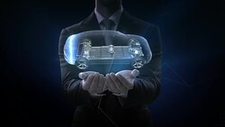 Businessman opens two palms, Electronic car, ion battery echo car. Charging car battery. Battery level check, future car. side view. 4k movie. Stock Footage