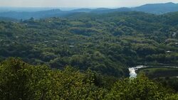 Caucasus landscape aerial panorama, green trees and beautiful river, nature Stock Footage