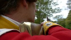 Revolutionary soldier pointing musket forward Stock Footage