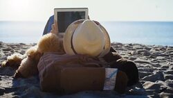 Woman traveler is holding touch pad, while is relaxing outdoors during his trip on the sea. Stock Footage