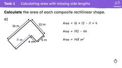 Calculating missing side lengths from the area of composite rectilinear shapes Instructional Video