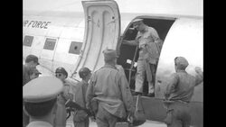 At start of Korean War, US refugees from South Korea arriving at Itazuki Air Base (now Fukuoka Airport) on Kyushu Island, Japan News Clip