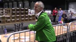 Green Party's Ciaran Cuffe arrives at Dublin count News Clip
