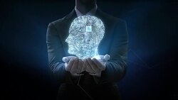 Businessman opens two palms, CPU chip circuit board connected human head shape, 4K movie.grow artificial intelligence. Stock Footage