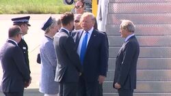 US President Donald Trump and US First Lady Melania Trump are greeted by Britain's Foreign Secretary Jeremy Hunt as he disembarks Air Force One at Stansted Airport News Clip