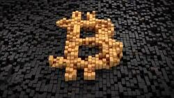 Pan around pulsating blocks forming an orange bitcoin sign Stock Footage
