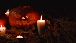 large and small pumpkins with carved faces. Halloween. Stock Footage