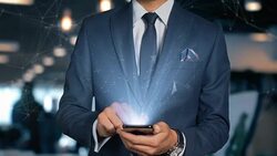 Businessman With Mobile Phone Opens Hologram HUD Interface and Touches Word - RATE OF RETURN Stock Footage