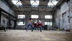 Synchronized break dancers performing together Stock Footage