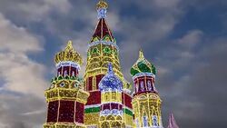 Christmas (New Year holidays) decoration on the area of the Kiyevskaya (Kiyevsky ) Railway Station at night, Moscow, Russia Stock Footage