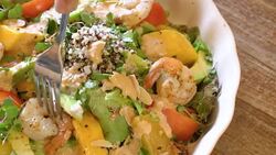 Avocado Tropical fruit and shrimp salad. Stock Footage