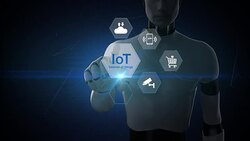 Robot touching IoT hexagon icon, Home security, cctv, smart city, mobile app, car, internet of thing. 4K movie 2. Stock Footage