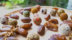 dried fruit , date fruit , date ball with cereal Stock Footage