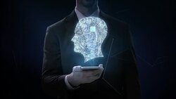 Businessman click smart phone, CPU chip circuit board connected human head shape, 4K movie.grow artificial intelligence. Stock Footage