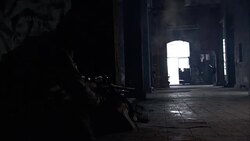 WIDE ANGLE OF COMBAT IN A LARGE HALLWAY IN A RUNDOWN OR ABANDONED STONE BUILDING. LIGHT POURS IN LARGE OPEN DOORWAY IN BACKGROUND. GRAFFITI ON WALL IN FOREGROUND. REBELS OR GUNMEN FIRE MACHINE GUNS FROM BEHIND WALL IN FOREGROUND. SOLDIERS IN BACKGROUND RE Stock Footage