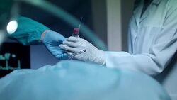 Surgery hand give blood syringe. Surgery hands during procedure Stock Footage