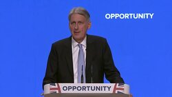 Philip Hammond saying 'the Conservative Party is, and always will be, the party of business' during his speech at the party conference Stock Footage