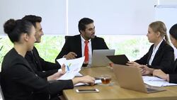 Business people in a meeting. Colleagues and Boss talking new project about Education. They summarize about Company's project each month. Stock Footage