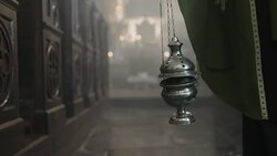 Priest and smoking thurible in a church Stock Footage
