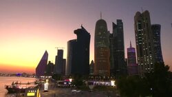 The Doha skyline silhouetted at sunset News Clip