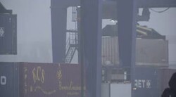 Cranes handle cargo containers at port News Clip