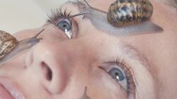 A close-up of snails on a female face. Snail Slime rejuvenates the skin Stock Footage