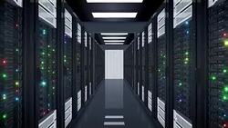 Beautiful Seamless Server Racks Moving Through the Opening Doors in Data Center. Looped 3d Animation with Flickering Computer Lights. Big Data Cloud Technology Concept. Stock Footage
