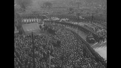 Funeral procession for Eva Peron; casket on carriage; huge crowd News Clip