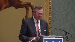 Lisa Nandy, Theresa May, and Warren A. Stephens speaking during a ceremony at the National Gallery News Clip