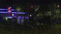 WIDE ANGLE OF STRIP CLUB EXTERIOR. SEE NEON LIGHTS AND NEON SIGN ON BUILDING READING 'AMAZON CLUB'. SEE TRAIN TRACKS OR RAILROAD TRACKS, FENCE AND PALM TREES  IN FOREGROUND. SEE MEN WALKING INTO BUILDING. SEE CARS DRIVING BY IN BACKGROUND. CAMERA PANS RIG Stock Footage