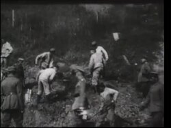 German trenches, digging trenches, soldiers on bikes, civilians in line for rations, 1914 Stock Footage