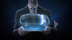 Businessman lifting smart pad, Electronic car,  ion battery echo car. Charging car battery. Battery level check, future car. side view. 4k movie. Stock Footage