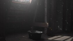 teddy bear sitting at the abandoned attic floor in the light beam Stock Footage