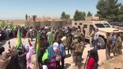 CLEAN : Syrian Kurds demonstrate in front of US base against Turkish offensives News Clip