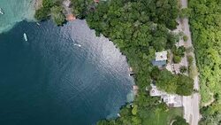 Aerial view of boats at Bacalar Lagoon in Mexico Stock Footage