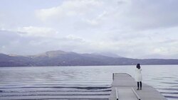 Asian tourist woman looking at scenic view of Lake Kawaguchi Stock Footage