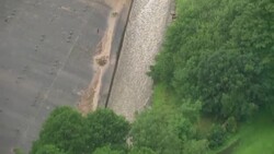 Aerial shots damage to Toddbrook Reservoir after wall damaged by rain News Clip